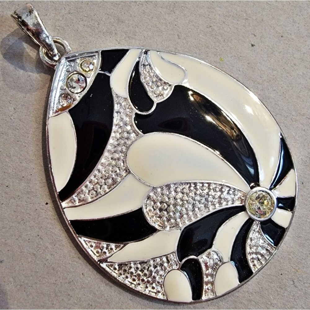 #Vintage #90s #Teardrop #Enamel Pendant Black White Rhinestones Silver Tone 2"